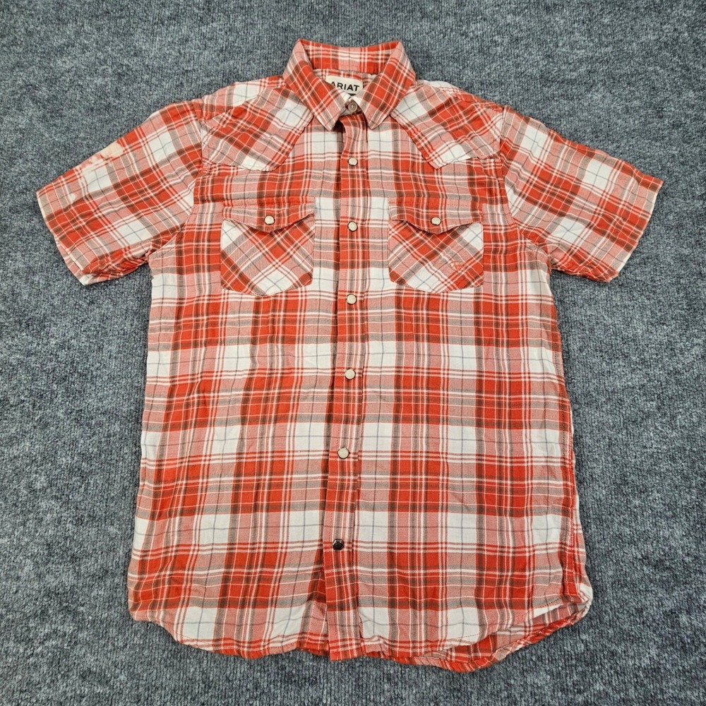 Ariat Retro Fit Western Snap Shirt S Orange White Plaid Short Sleeve Flawed